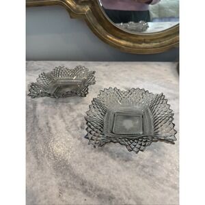 2 Vintage Indiana Carnival Glass Smoke Iridescent‎ Ruffled Edge Diamond Cut Dish
